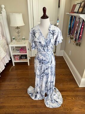 Blue and White Printed Maxi Wrap Dress with Flutter Sleeves